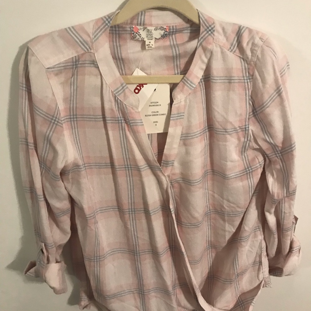 Pink Rose Pink Plaid Tunic Top with Blue Stripe Accents